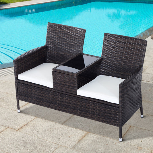 Outsunny Garden Rattan 2 Seater Companion Seat Wicker Love Seat Weave Partner Bench w/ Cushions Patio Outdoor Furniture (Brown) - OutdoorBox