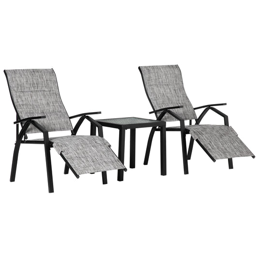 Outsunny Lounger Chair Set of 3 with Adjustable Backrest and Footrest, Patio Chaise Lounge with Side Table, Grey