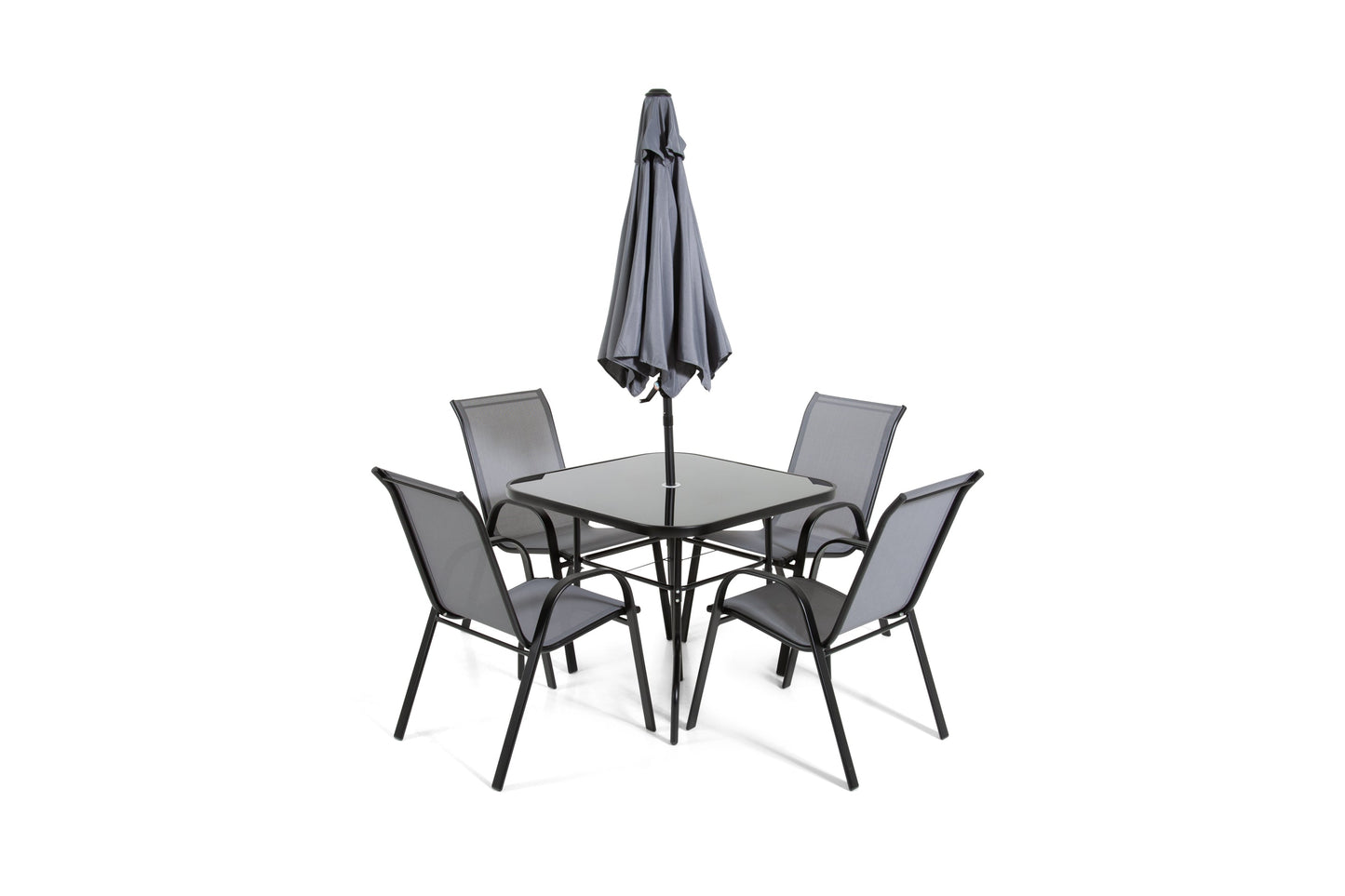 The Lancaster - Black & Grey Metal 4 Seat Garden Dining Set including Parasol