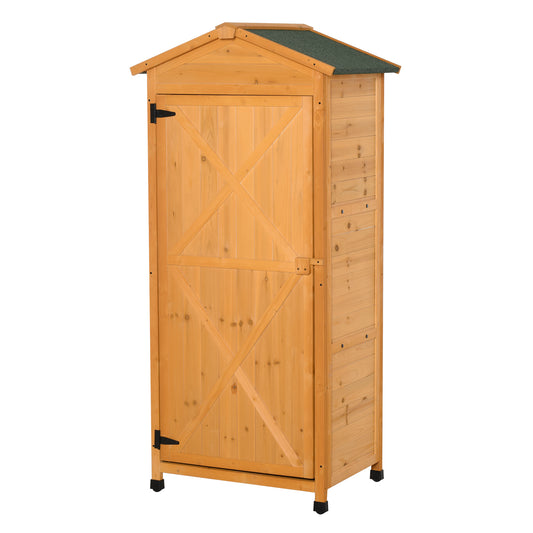 Outsunny Wooden Garden Cabinet 3-Tier Storage Shed 2 Shelves Lockable Organizer with Hooks Foot Pad 74 x 55 x 155cm Dark Yellow