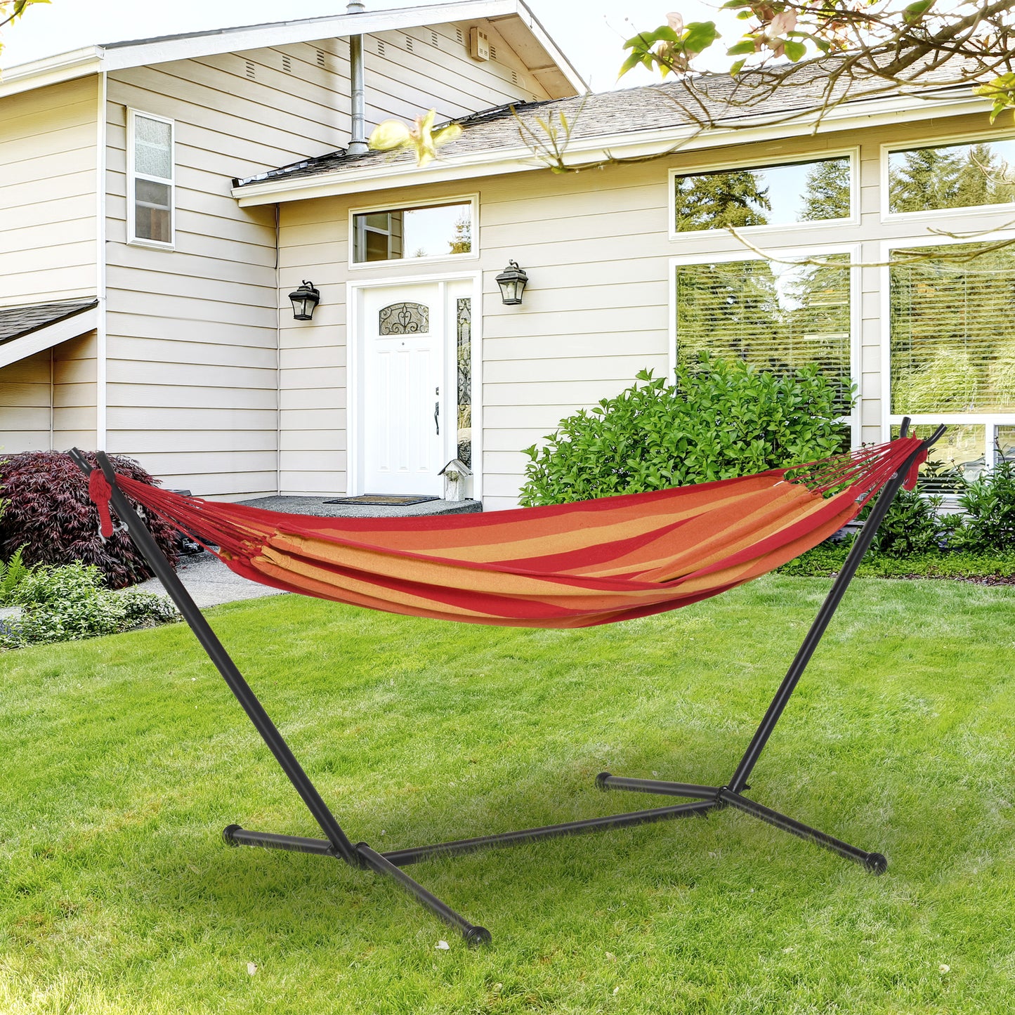 Outsunny Hammock with Stand, Camping Hammock with Portable Carrying Bag, Adjustable Height, 120kg Load Capacity, Red Stripe,277 x 121cm