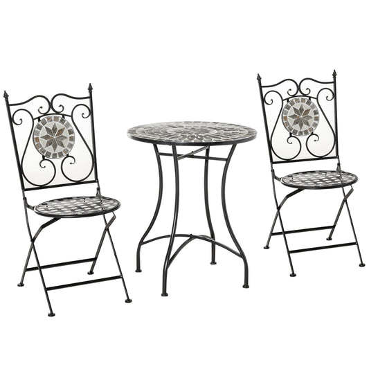 Outsunny 3 Pcs Mosaic Tile Garden Bistro Set Outdoor Seating w/ Table 2 Folding Chairs Set Metal Frame Elegant Scrolling Indoor Patio Balcony