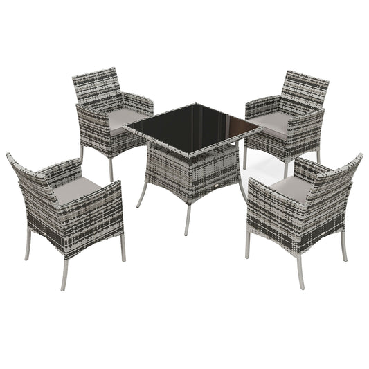 Outsunny Outdoor Dining Set 5 Pieces Patio Conservatory with Tempered Glass Tabletop, 4 Dining Armchairs - Grey