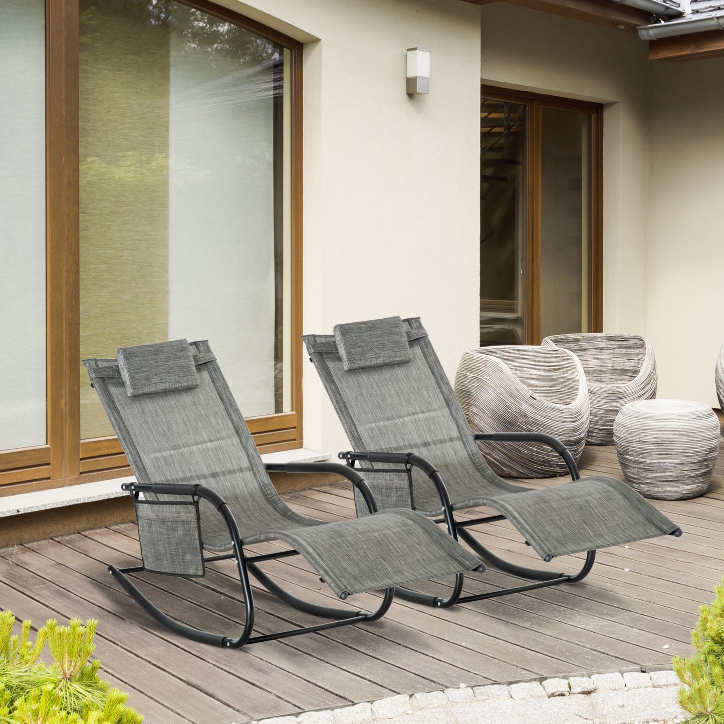 Outsunny 2Pcs Garden Rocking Chair, Patio Sun Lounger Rocker Chair w/ Breathable Mesh Fabric, Removable Headrest Pillow, Side Storage Bag, Dark Grey