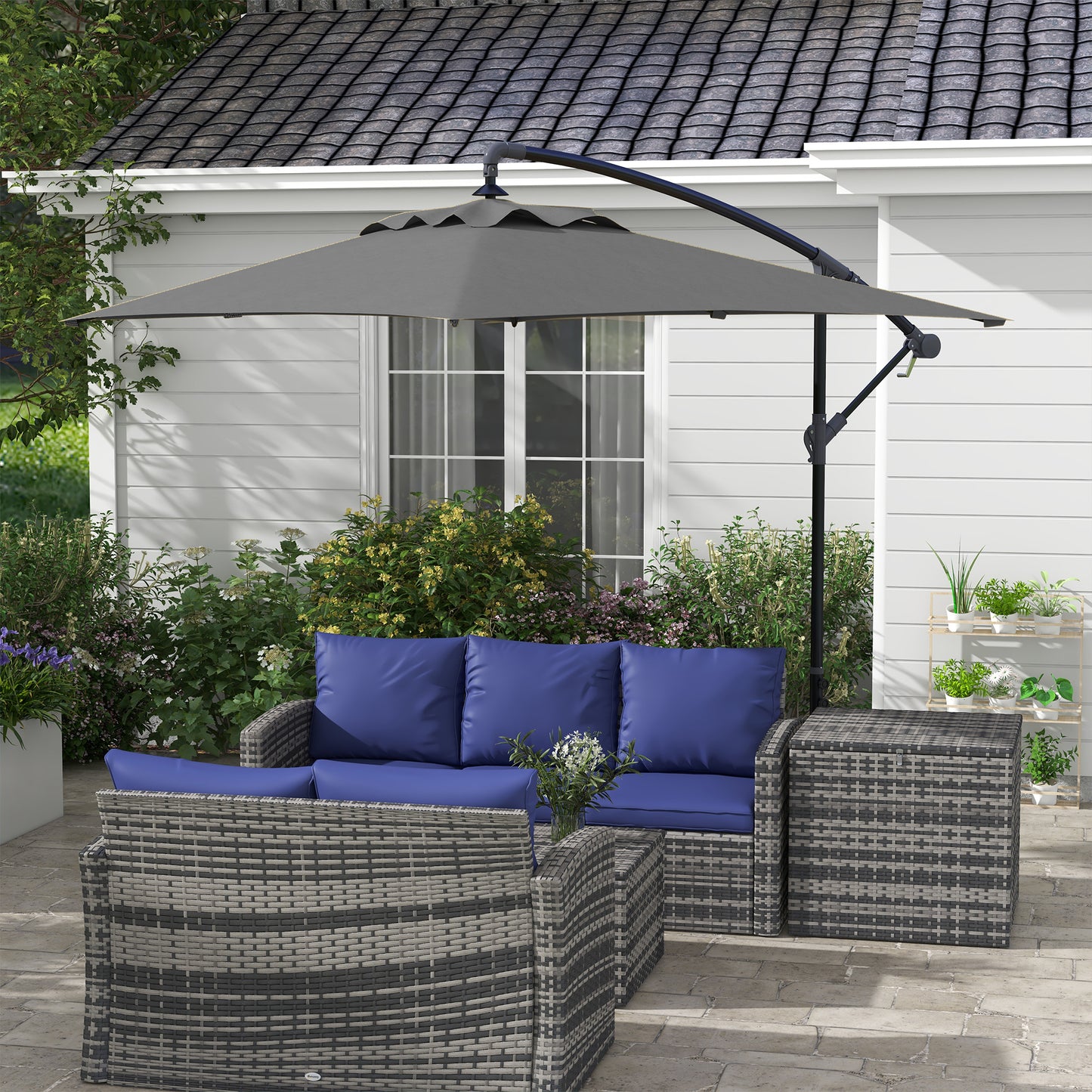 Outsunny 3x2m Cantilever Parasol with Cross Base, Banana Parasol with Crank Handle and 6 Ribs, Rectangular Hanging Patio Umbrella for Outdoor Pool, Garden, Balcony, Grey