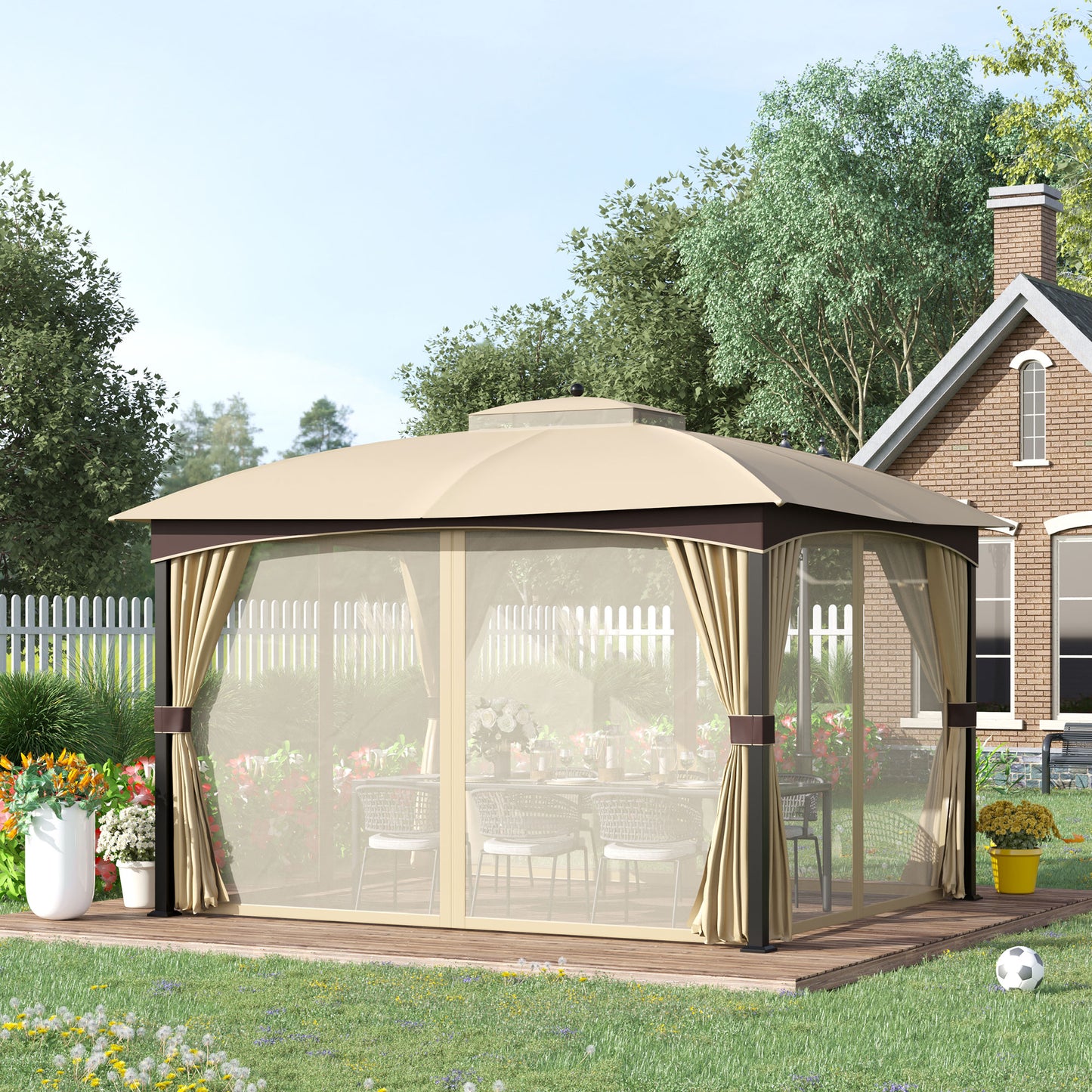 Outsunny 4 x 3(m) Patio Gazebo, Garden Canopy Shelter with Double Tier Roof, Removable Netting and Curtains for Lawn, Poolside, Khaki