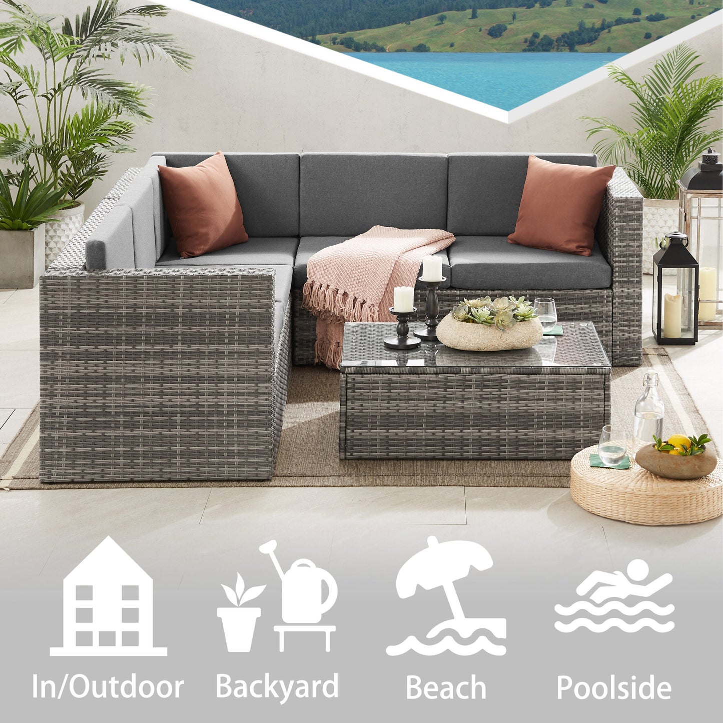 The Tatton Grey Rattan Garden Furniture 6 Seat Corner Sofa & Coffee Table Patio Set