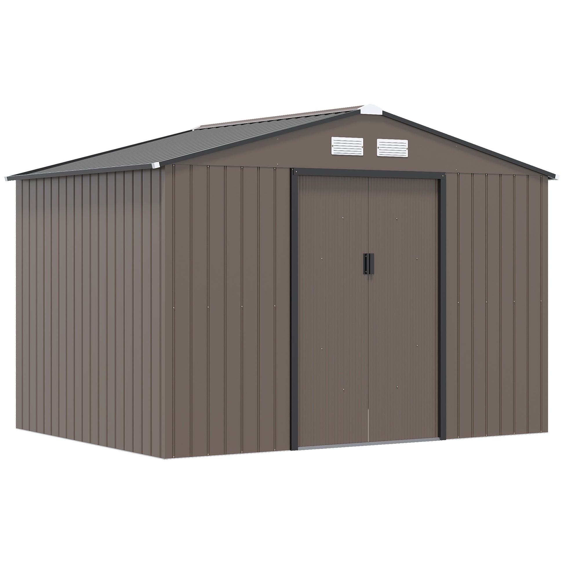 Outsunny 9 x 6FT Garden Metal Storage Shed Outdoor Storage Shed with Foundation Ventilation & Doors, Brown - OutdoorBox