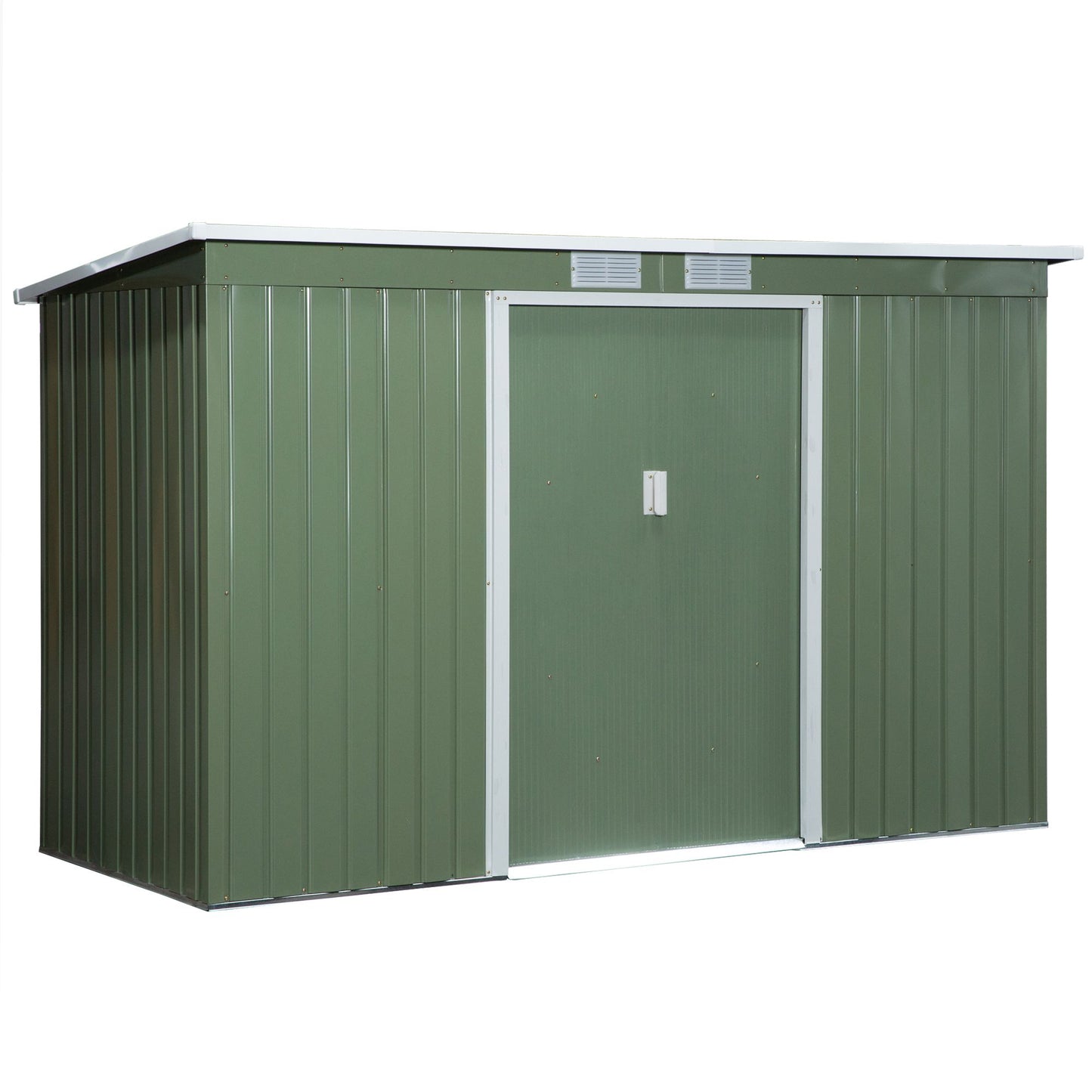 Outsunny 9 x 4.5 ft Pent Roof Metal Garden Storage Shed Corrugated Steel Tool Box with Foundation Ventilation & Doors, Light Green - OutdoorBox