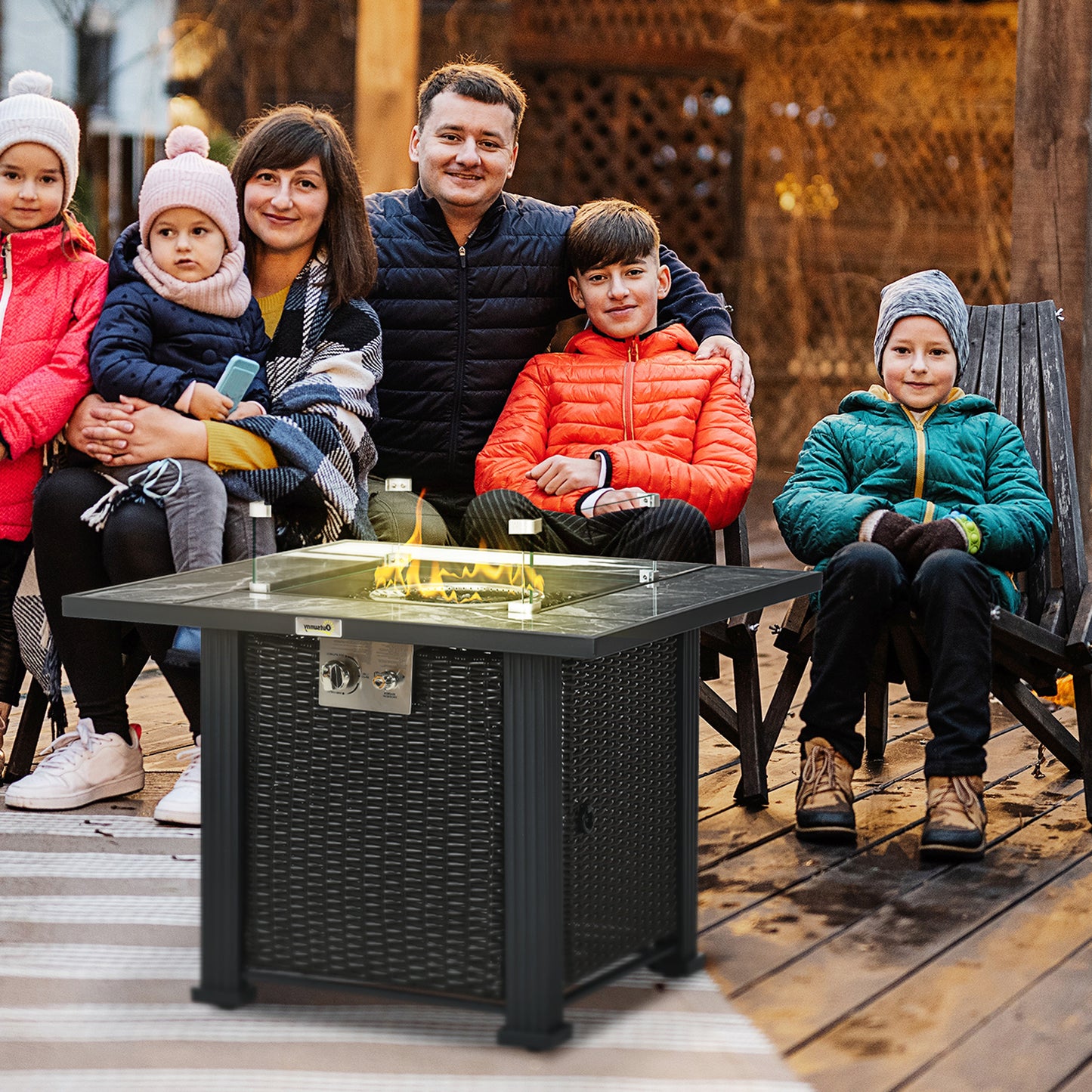 Outsunny Outdoor PE Rattan Gas Fire Pit Table, Patio Square Propane Heater with Marble Desktop, Rain Cover, Glass Windscreen, and Glass Stones Black