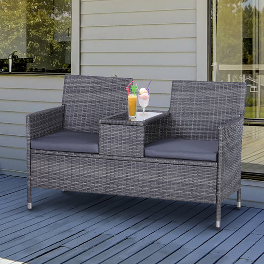 Outsunny Garden Rattan 2 Seater Companion Seat Wicker Love Seat Weave Partner Bench with Cushions Patio Outdoor Furniture - Grey - OutdoorBox