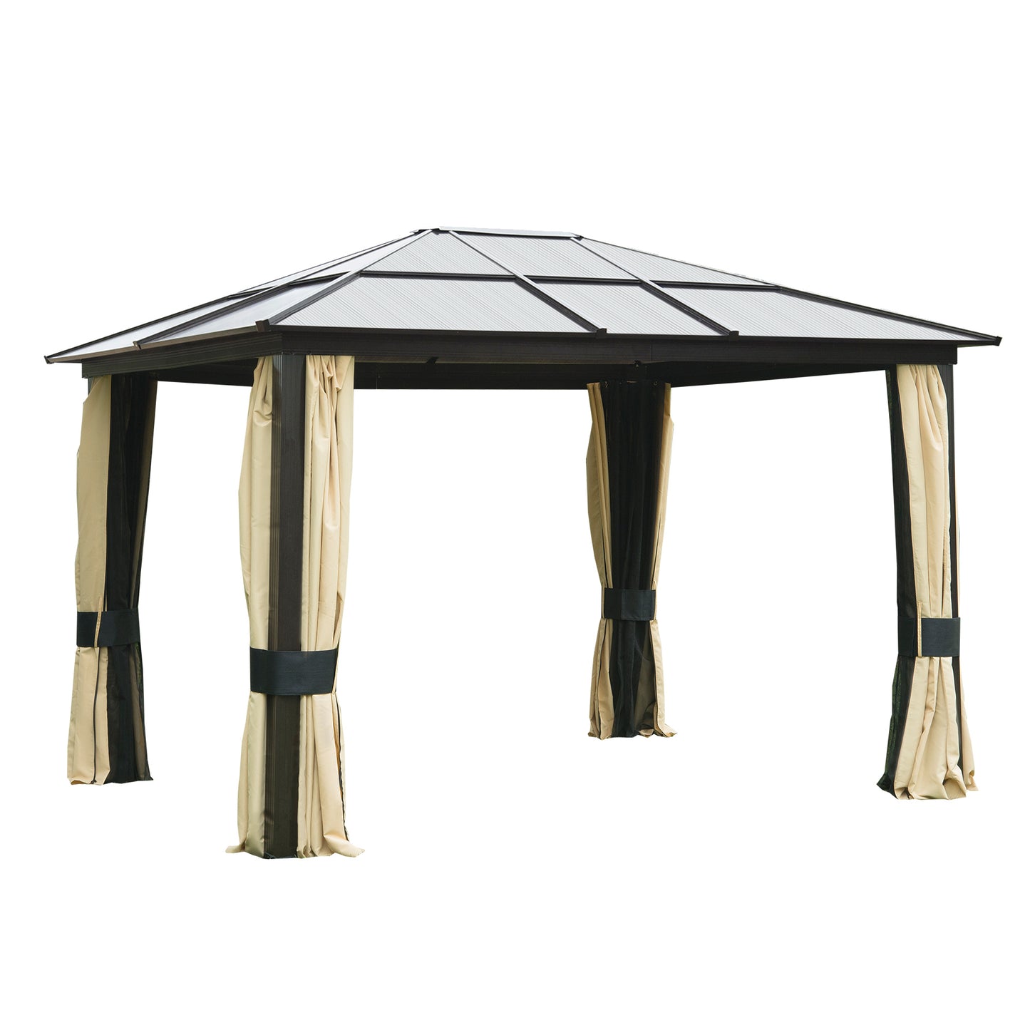 Outsunny 3.6 x 3(m) Hardtop Gazebo Canopy with Polycarbonate Roof and Aluminium Frame, Garden Pavilion with Mosquito Netting and Curtains, Brown - OutdoorBox