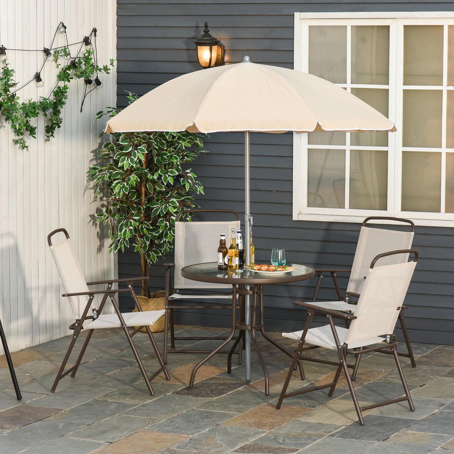 Outsunny Garden Patio Texteline Folding Chairs Plus Table and Parasol Furniture Bistro Set - Beige (6-Piece) - OutdoorBox