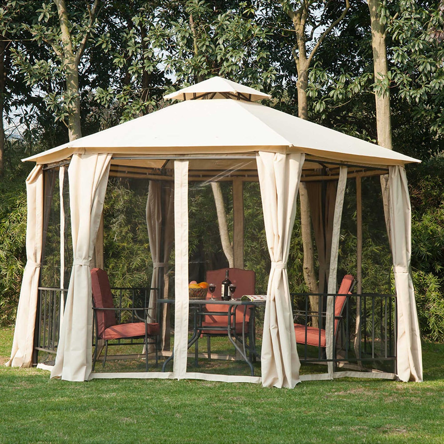 Outsunny Hexagon Gazebo Patio Canopy Party Tent Outdoor Garden Shelter w/ 2 Tier Roof & Side Panel - Beige