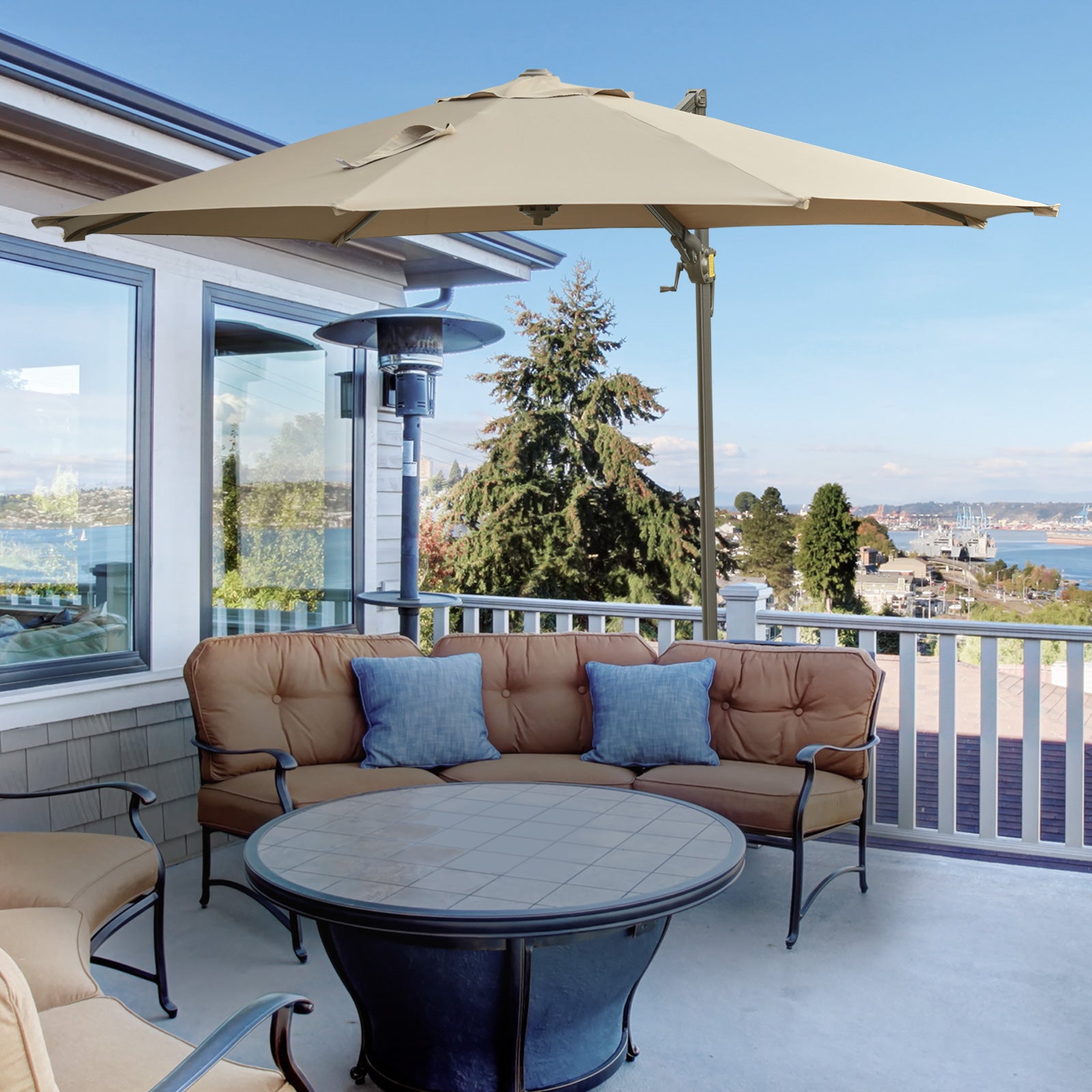 Outsunny 3M Cantilever Patio Parasol Roma Umbrella Hanging Sun Shade Canopy Cover Tilt Crank 360 Degree Rotating System Khaki - OutdoorBox