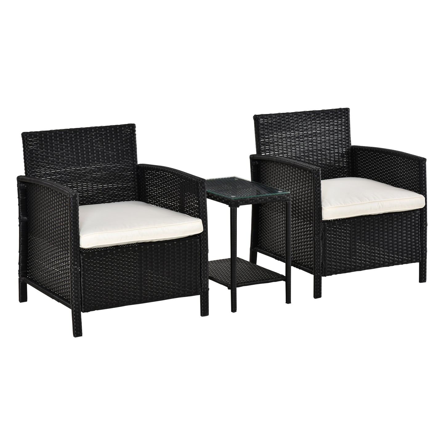 Outsunny Rattan Garden Furniture Outdoor 3 Pieces Patio Bistro Set Jack and Jill Seat Wicker Weave Conservatory Sofa Chair Table Set w/Cushion Black