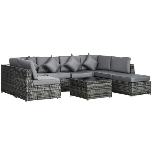 Outsunny 8 Pieces PE Rattan Corner Sofa Set Garden Furniture Set Patio Wicker Sofa Seater w/ Cushion Washable Cushion Cover Tempered Glass Table Grey