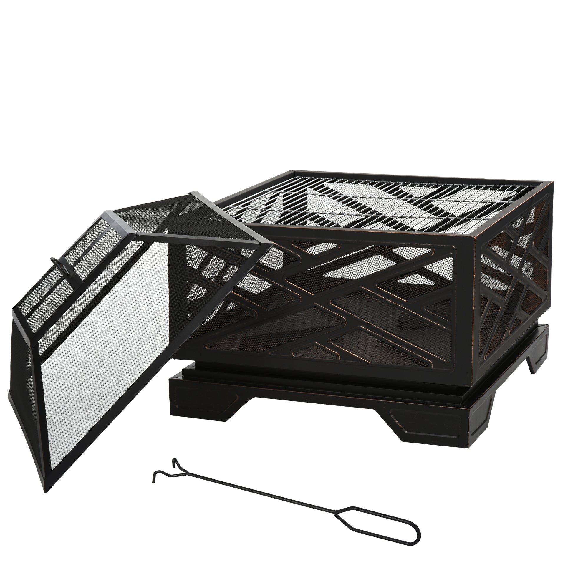 Outsunny 66cm 2 in 1 Square Fire Pit Metal Brazier for Garden, Patio with BBQ Grill Shelf & Spark Screen Cover & Poker, Black - OutdoorBox