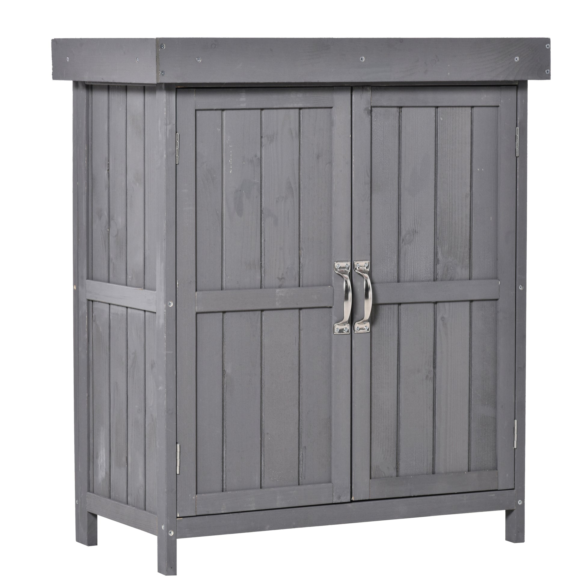 Outsunny Wooden Garden Storage Shed Tool Cabinet Organiser with Shelves, Two Doors,74 x 43 x 88cm, Grey - OutdoorBox