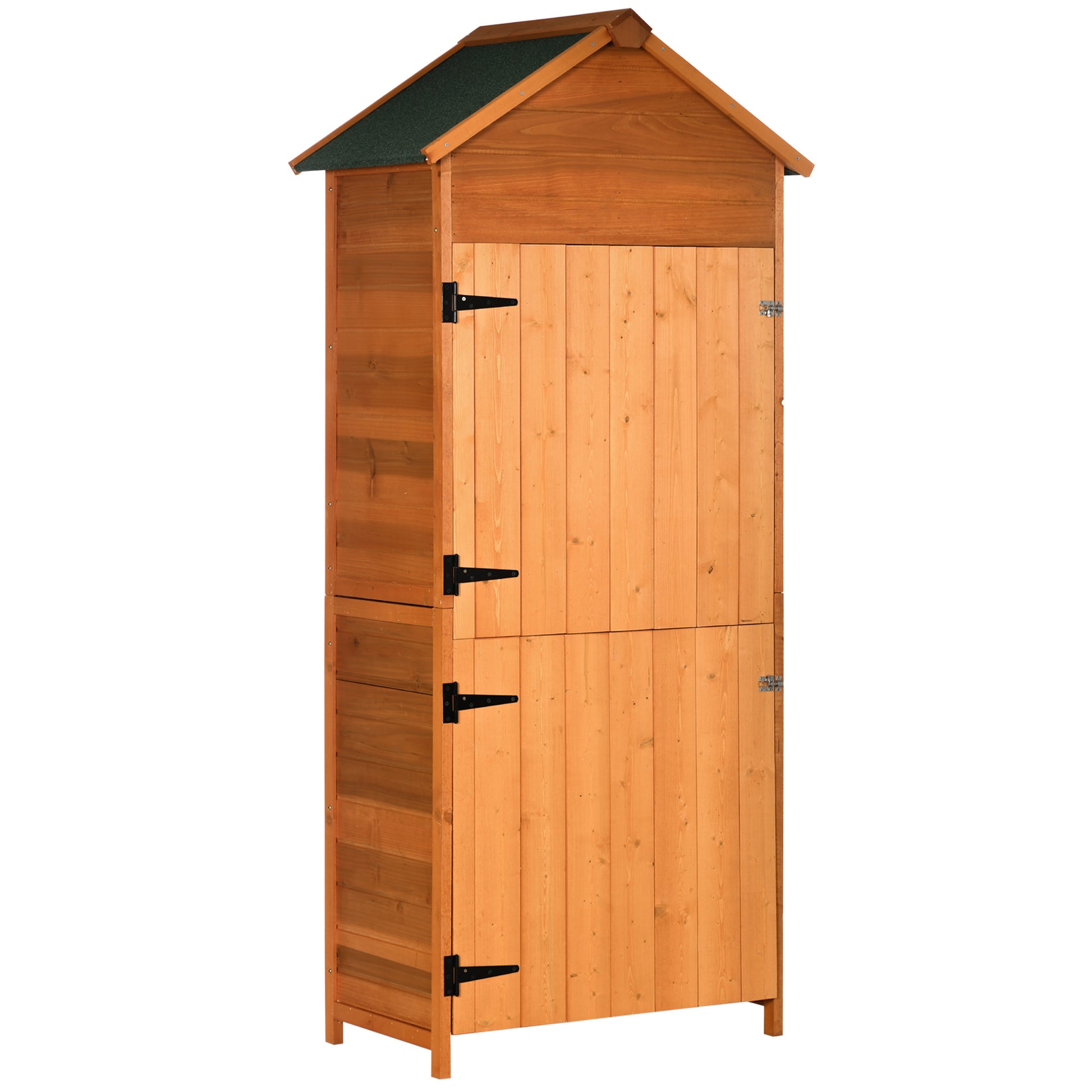 Outsunny 84 x 52cm Garden Shed 4-Tier Wooden Garden Outdoor Shed 3 Shelves Utility Gardener Cabinet Lockable Double Doors Tool Kit Storage - Teak - OutdoorBox