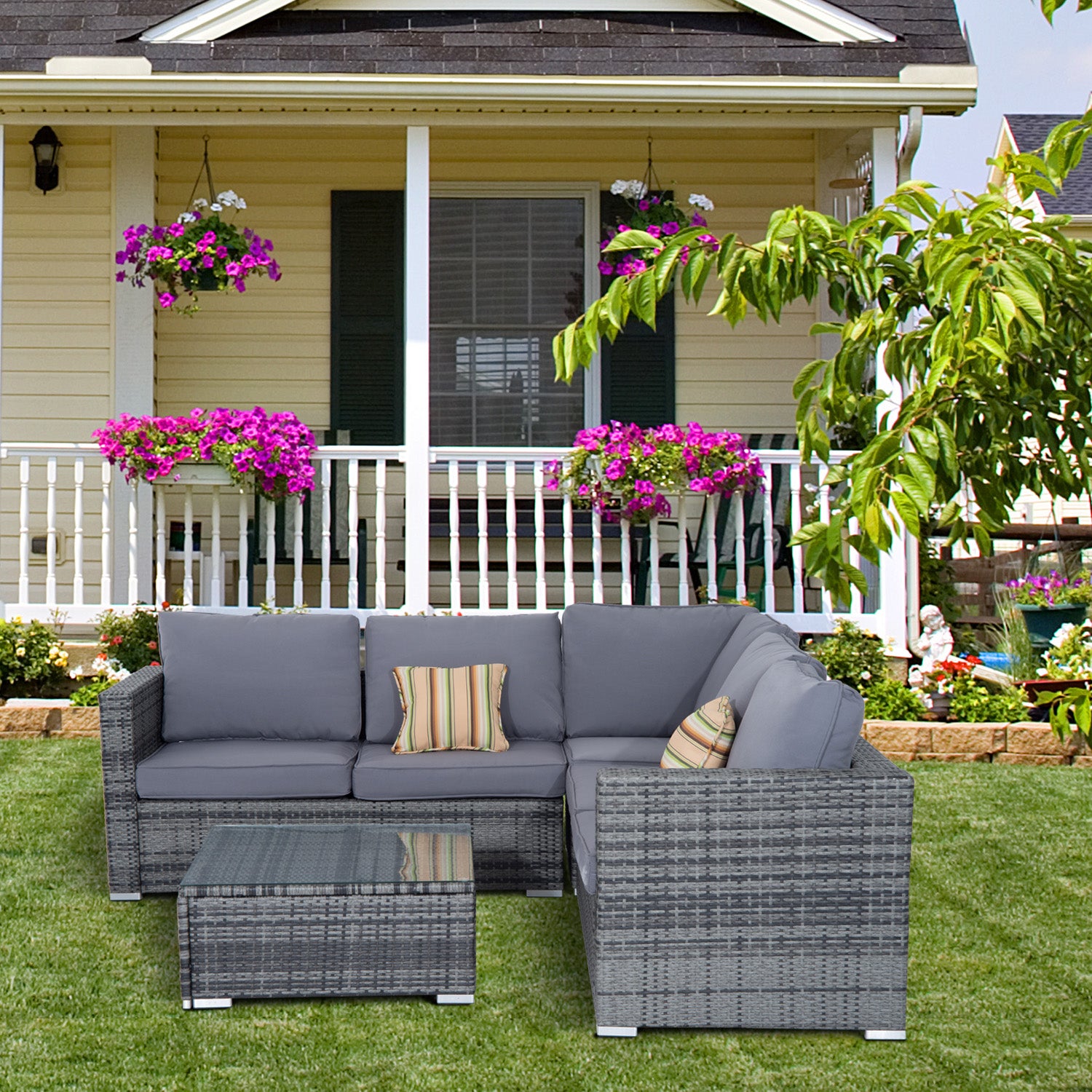 Outsunny 5-Seater Garden Furniture Sets Rattan Wicker Patio Conservatory Dining Set Indoor Outdoor with Corner Sofa Loveseat Coffee Table Cushions - OutdoorBox