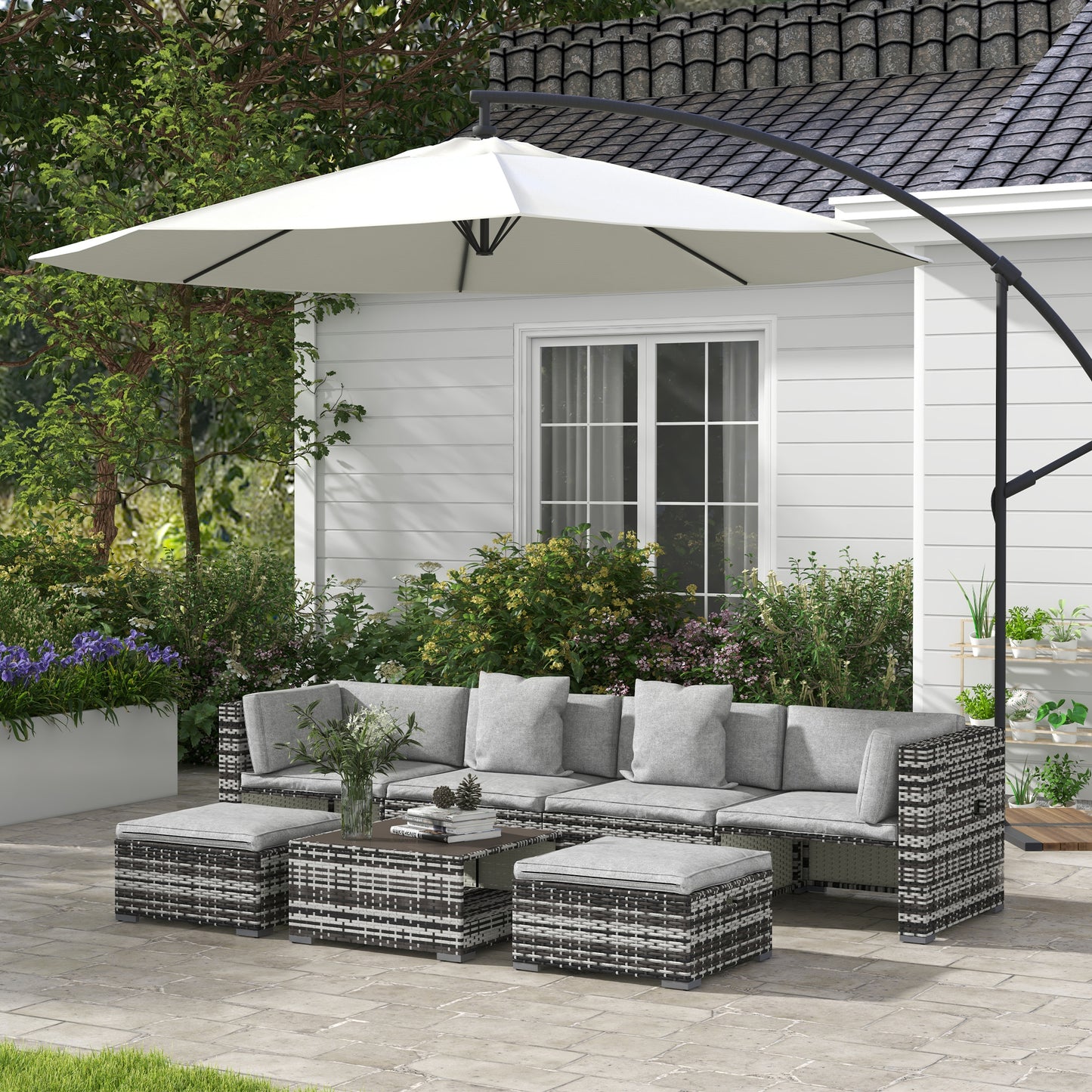 Outsunny 7-Piece Rattan Patio Furniture Set with Sofa, Footstools, Coffee Table, Side Shelves, Cushions, Pillows, Mixed Grey