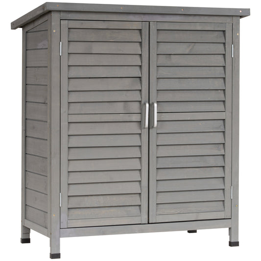 Outsunny Garden Shed Wooden Garden Storage Shed 2 Door Unit Solid Fir Wood Garage Tool Organisation Cabinet, 87L x 46.5W x 96.5Hcm, Grey - OutdoorBox