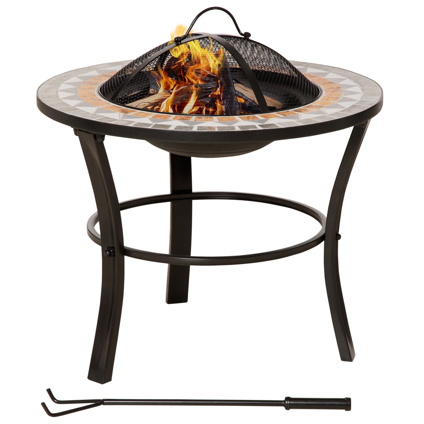 Outsunny 60cm Outdoor Fire Pit Table with Mosaic Outer, Round Firepit with Spark Screen Cover, Fire Poker for Garden Bonfire Party - OutdoorBox