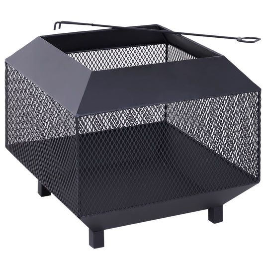 Outsunny Metal Square Fire Pit Outdoor Mesh Firepit Brazier w/ Lid, Log Grate, Poker for Backyard, Camping, Wood Burning Stove, 44 x 44 x 40cm, Black - OutdoorBox