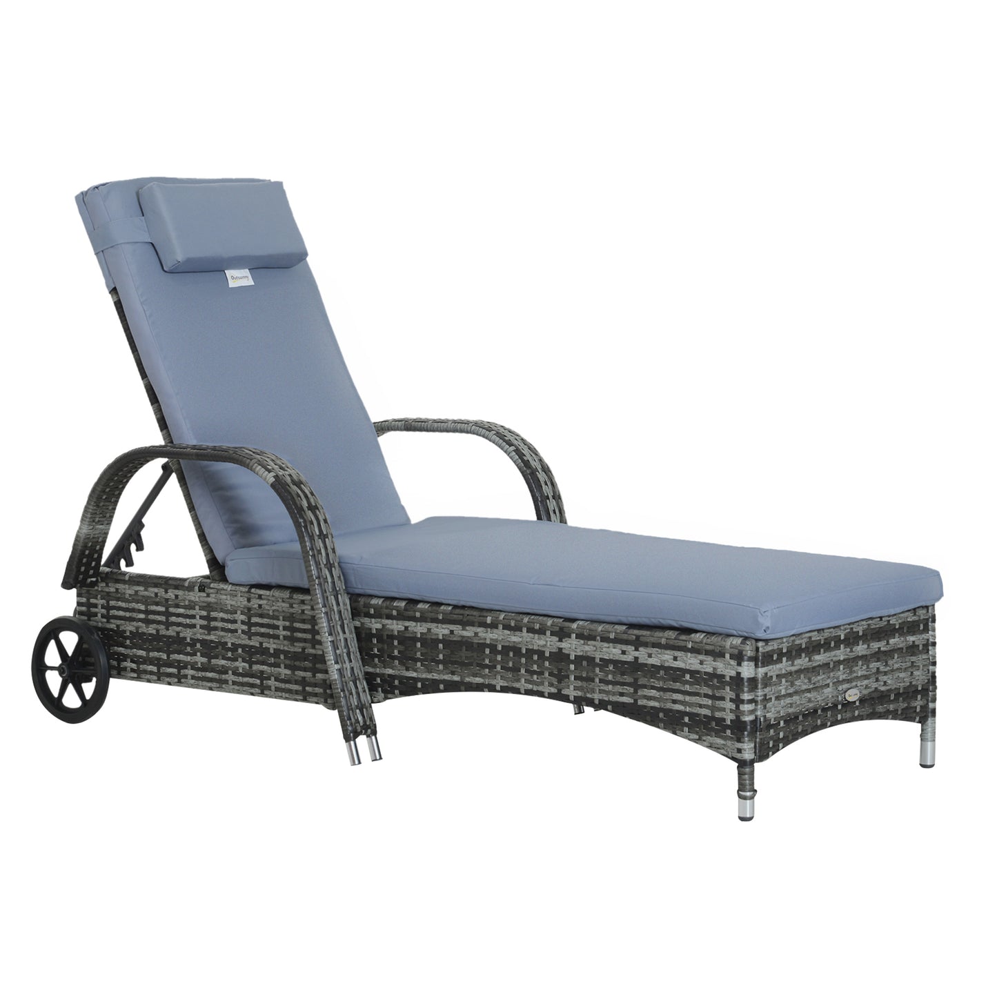 Outsunny Garden Rattan Furniture Single Sun Lounger Recliner Bed Reclining Chair Patio Outdoor Wicker Weave Adjustable Headrest - Grey