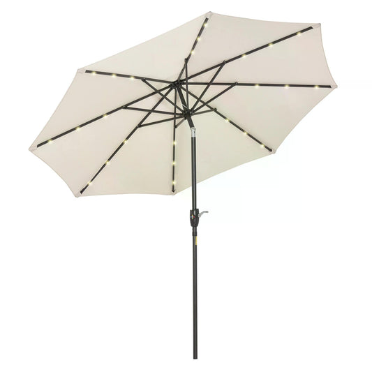 Outsunny Garden 24 LED Light Parasol Outdoor Tilt Sun Umbrella Patio Club Party Event Manual Sun Shade w/ Hand Crank Off-white - OutdoorBox