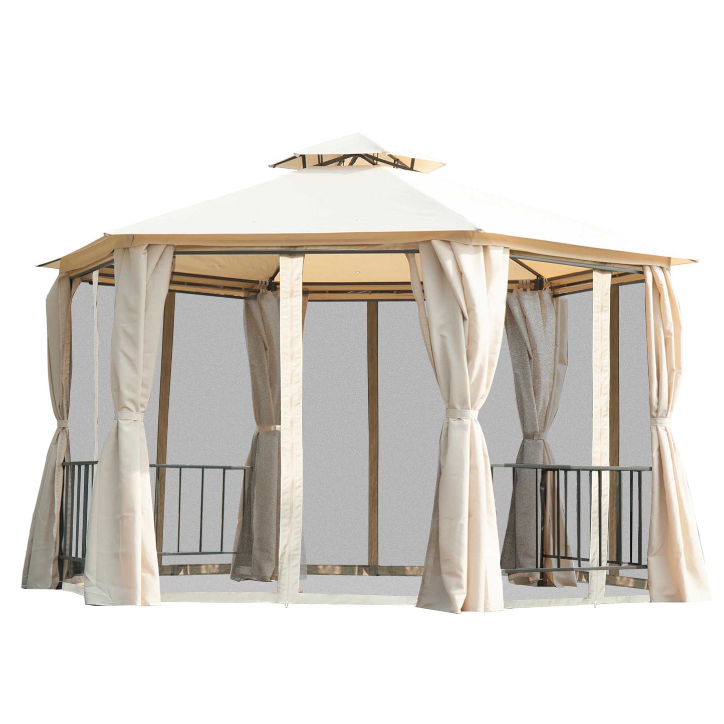 Outsunny Hexagon Gazebo Patio Canopy Party Tent Outdoor Garden Shelter w/ 2 Tier Roof & Side Panel - Beige