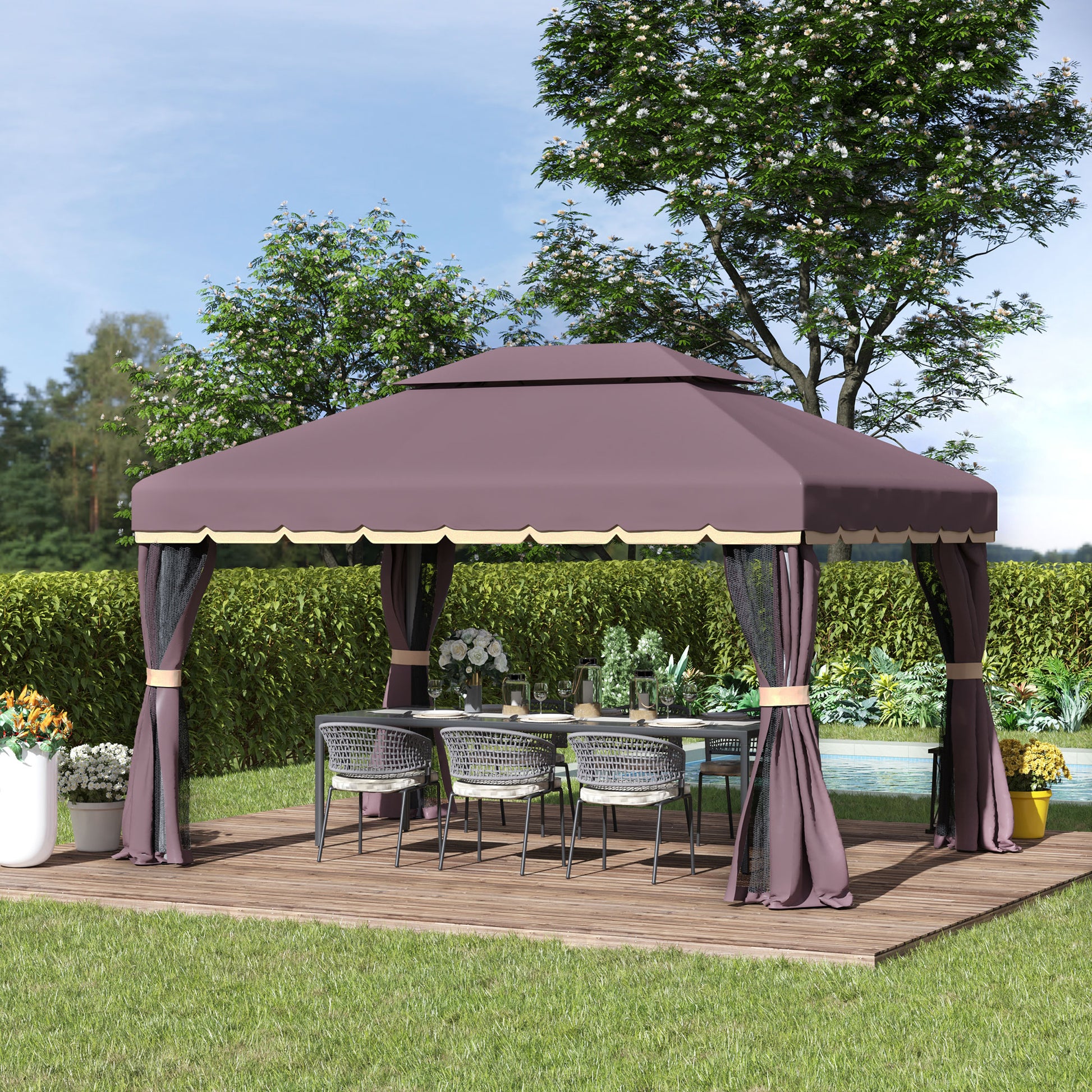 Outsunny 3 x 4m Aluminium Alloy Gazebo Marquee Canopy Pavilion Patio Garden Party Tent Shelter with Nets and Sidewalls - Coffee - OutdoorBox