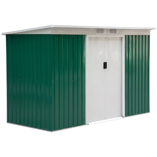 Outsunny 9ft x 4.25ft Corrugated Garden Metal Storage Shed Outdoor Equipment Tool Box with Foundation Ventilation & Doors Deep Green - OutdoorBox