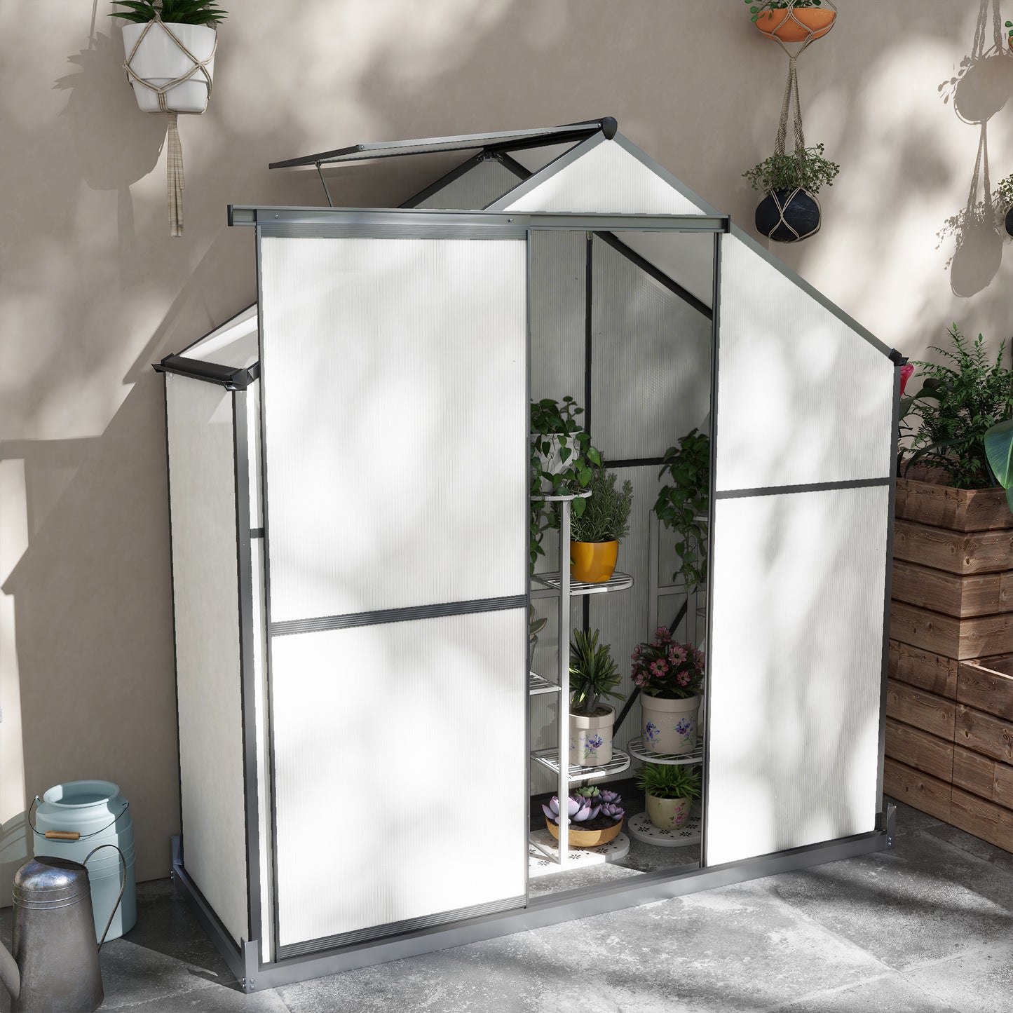 Outsunny 6 x 2.5ft Polycarbonate Greenhouse Walk-In Green House with Rain Gutter, Sliding Door, Window, Foundation, Dark Grey