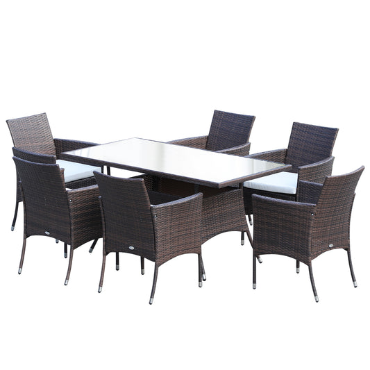 Outsunny 6-Seater Rattan Garden Furniture Dining Set 6-seater Patio Rectangular Table Cube Chairs Outdoor Fire Retardant Sponge Brown - OutdoorBox