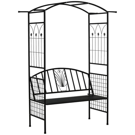 Outsunny Garden Metal Arch Arbour with Bench Love Seat Chair Outdoor Patio Rose Trellis Pergola Climbing Plant Archway Tubular - 154L x 60W x 205Hcm - OutdoorBox