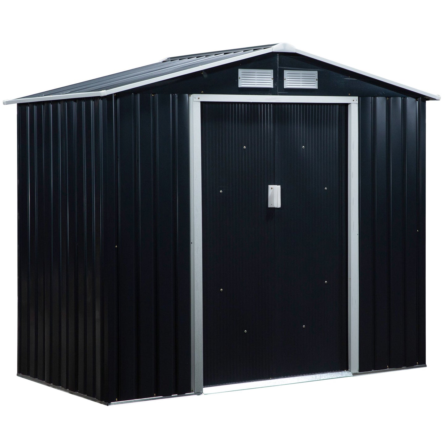 Outsunny Lockable Garden Shed Large Patio Roofed Tool Metal Storage Building Foundation Sheds Box Outdoor Furniture, 7ft x 4ft, Dark Grey - OutdoorBox