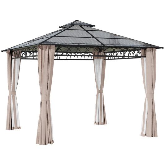 Outsunny 3 x 3 (m) Outdoor Polycarbonate Gazebo, Double�Roof Hard Top Gazebo with�Galvanized Steel Frame, Nettings�&�Curtains