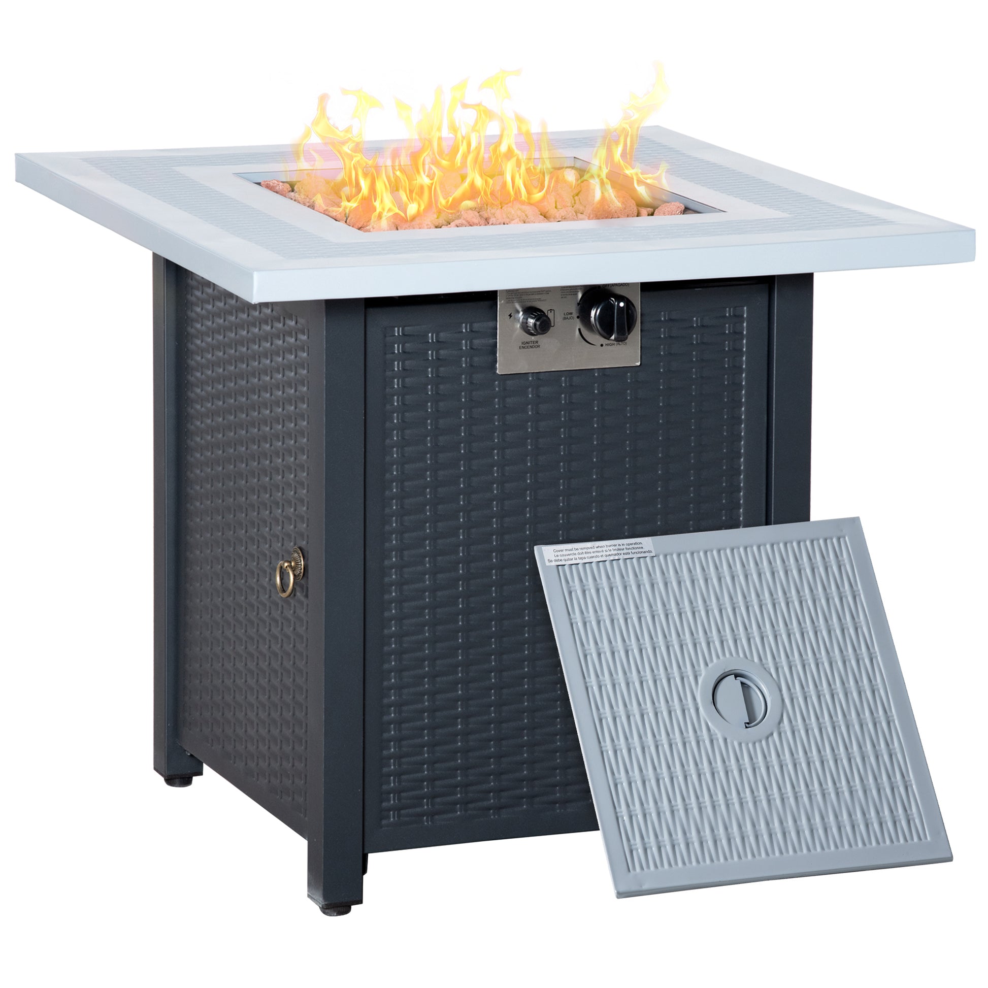 Outsunny Square Propane Gas Fire Pit Table, 40000 BTU Rattan Smokeless Firepit Patio Heater with Lava Rocks and Lid, 71cm x 71cm x 62cm, Black - OutdoorBox