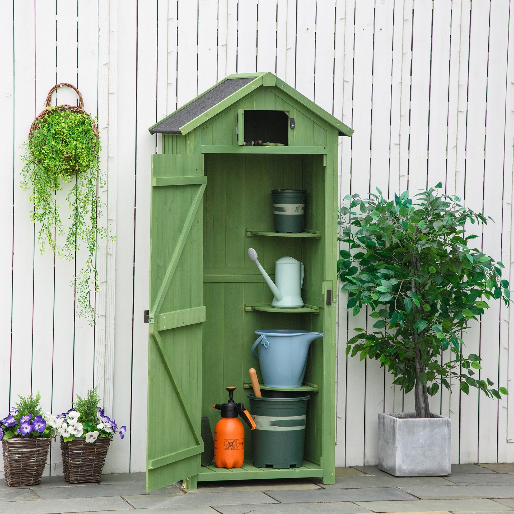 Outsunny Garden Shed Vertical Utility 3 Shelves Shed Wood Outdoor Garden Tool Storage Unit Storage Cabinet, 77 x 54.2 x 179cm - Green - OutdoorBox