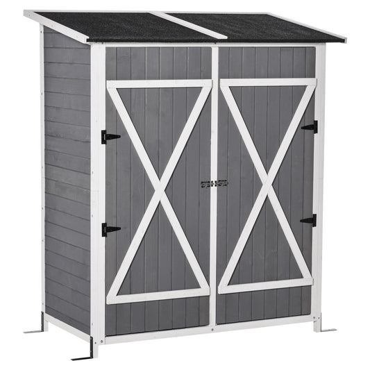 Outsunny Garden Wood Storage Shed w/ Storage Table, Hooks and Ground Nails Multifunction Lockable Sheds Tool Organizer, 139 x 75 x 160cm, Grey