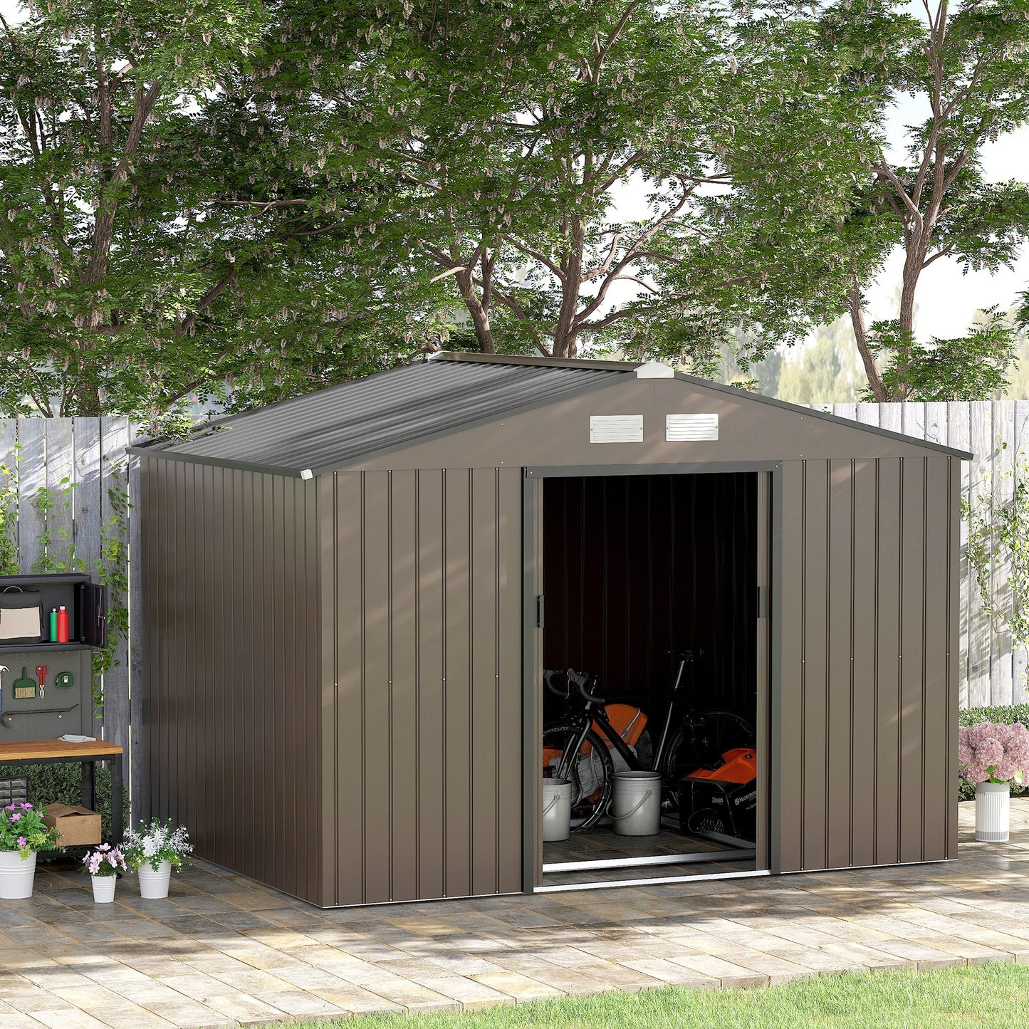 Outsunny 9 x 6FT Garden Metal Storage Shed Outdoor Storage Shed with Foundation Ventilation & Doors, Brown - OutdoorBox