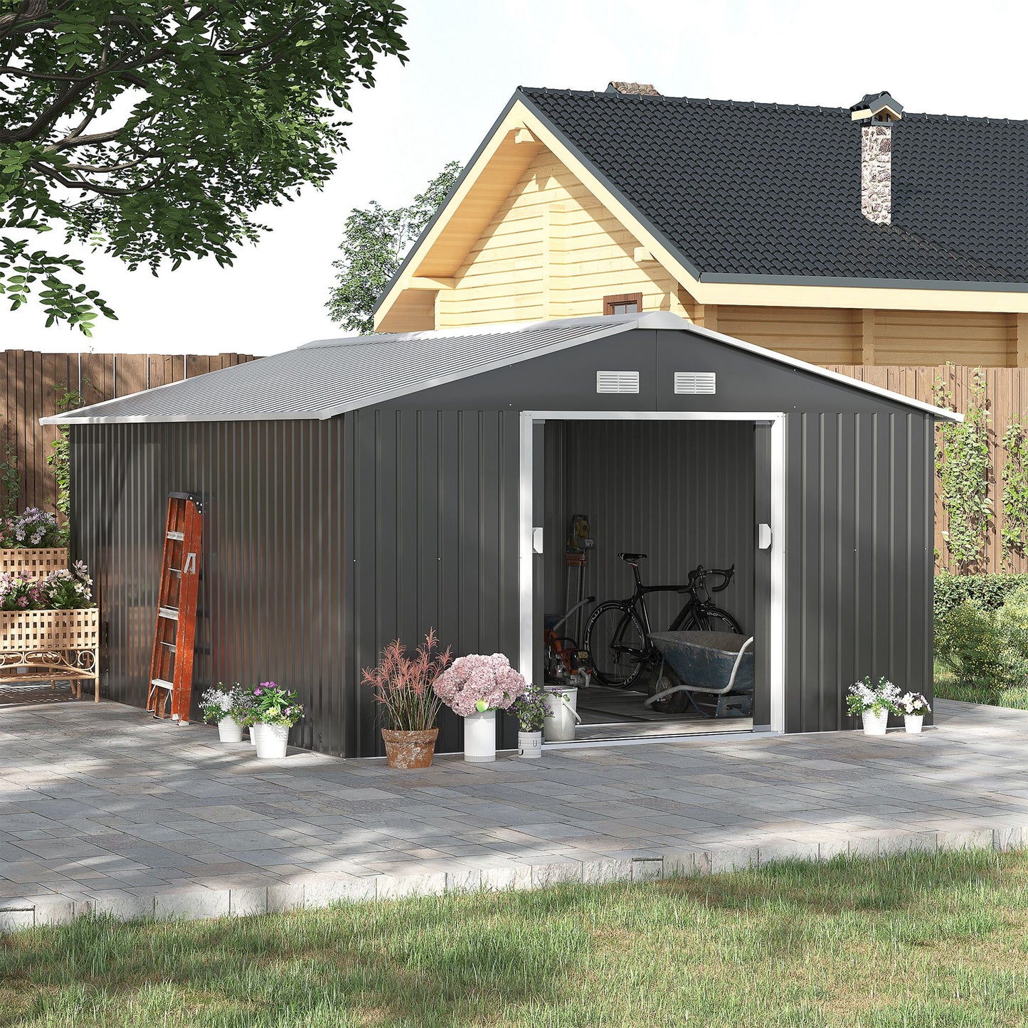 Outsunny 13 x 11ft Foundation Ventilation Steel Outdoor Garden Shed Grey - OutdoorBox