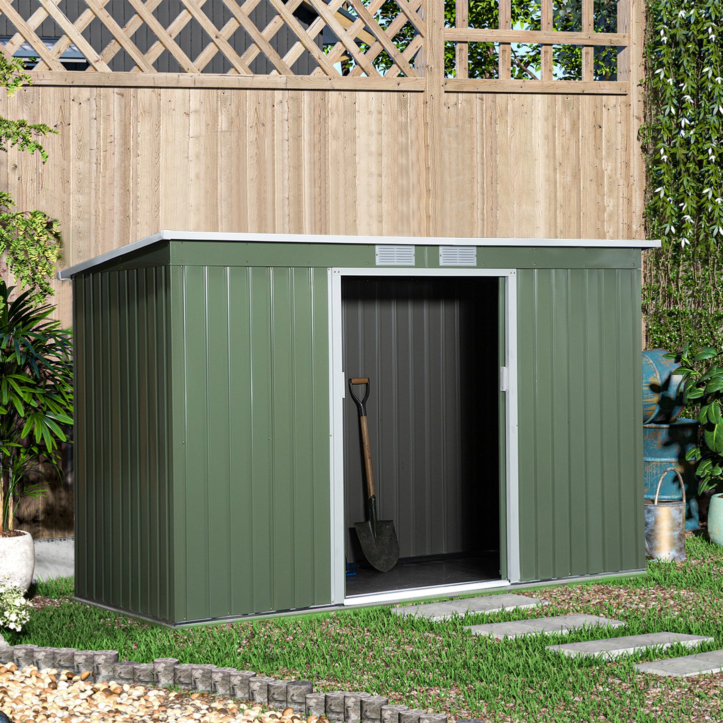 Outsunny 9 x 4.5 ft Pent Roof Metal Garden Storage Shed Corrugated Steel Tool Box with Foundation Ventilation & Doors, Light Green - OutdoorBox