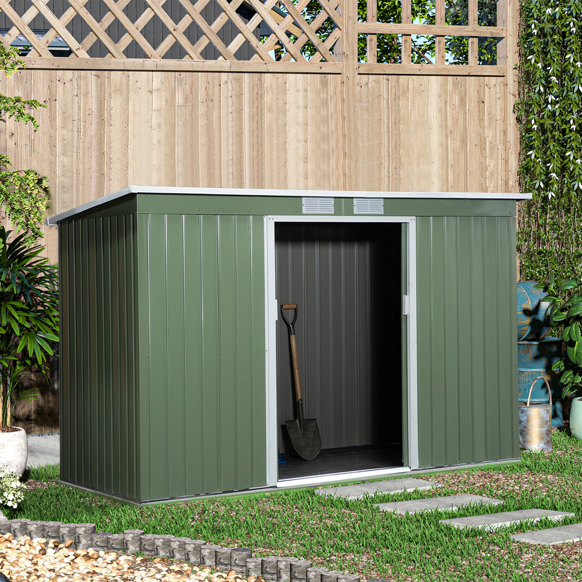 Outsunny 9 x 4.5 ft Pent Roof Metal Garden Storage Shed Corrugated Steel Tool Box with Foundation Ventilation & Doors, Light Green - OutdoorBox