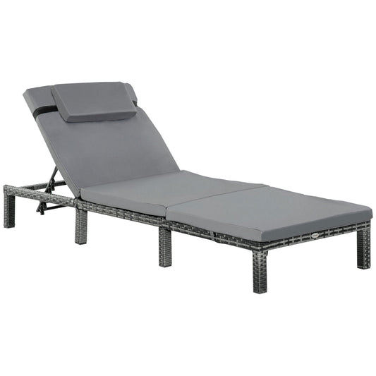 Outsunny Garden Outdoor Rattan Furniture Patio Sun Lounger Recliner Reclining Chair Bed Fire Resistant Sponge, Grey - OutdoorBox