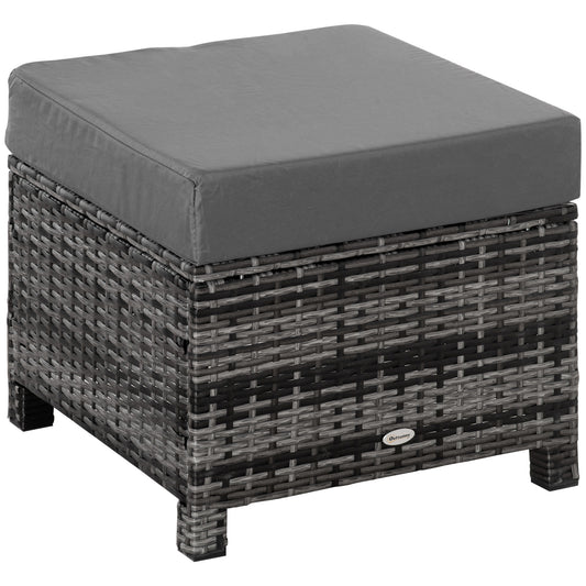 Outsunny Rattan Footstool Wicker Ottoman with Padded Seat Cushion Outdoor Patio Furniture for Backyard Garden Poolside Living Room 50x50x35cm Grey - OutdoorBox