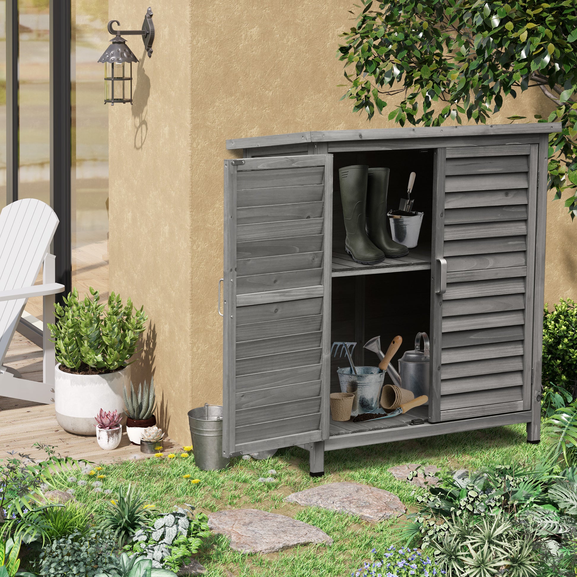 Outsunny Garden Shed Wooden Garden Storage Shed 2 Door Unit Solid Fir Wood Garage Tool Organisation Cabinet, 87L x 46.5W x 96.5Hcm, Grey - OutdoorBox