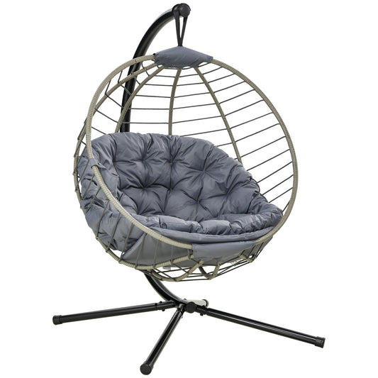 Outsunny PE Rattan Swing Chair, Outdoor Hanging Chair with Metal Stand, Thick Padded Cushion, Foldable Basket and Cup Holder, for Indoor Outdoor Grey